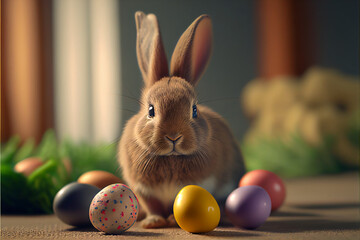 illustration of rabbit easter eggs holiday  with a cute multicolor eggs   , midjourney  AI generate
