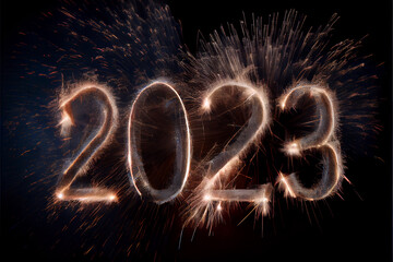 Happy New Year 2023. Beautiful creative holiday background with fireworks ,, midjourney  AI generate
