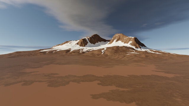 Mountain, a desert landscape, dry ground, snow on the peak and clouds in the sky.