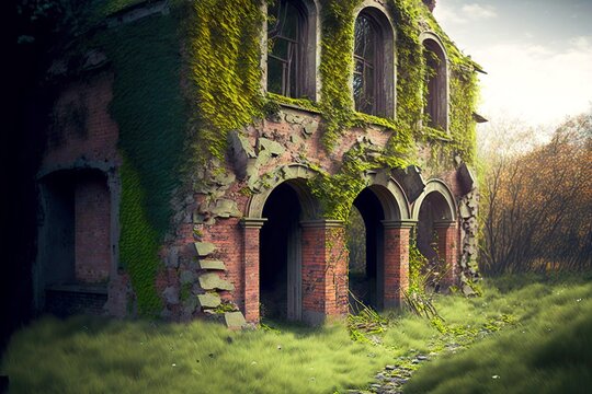 Ruined Abandoned House With Brick Walls Covered With Moss And Grass