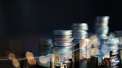 Double exposure of graph, tall building and rows of coins for finance and business concept       - 558593337