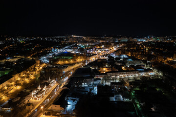 Fototapeta na wymiar night festive city aerial view, street, lights