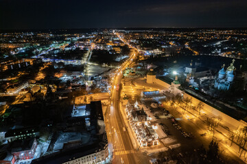 Fototapeta na wymiar night festive city aerial view, Trinity Sergius Lavra, monastery