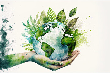 Hand holding the Earth covered with water, adorable wildlife, luscious foliage, and leaves. safeguard the environment and the idea of Earth Day. on a backdrop of white. Generative AI