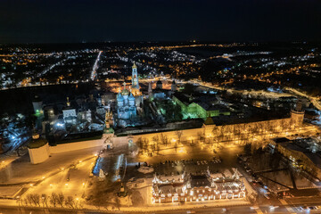 night festive city aerial view, Trinity Sergius Lavra, monastery