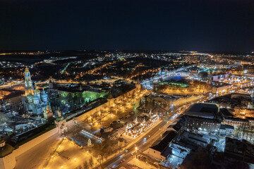 Fototapeta na wymiar night festive city aerial view, Trinity Sergius Lavra, monastery