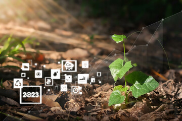 Growth graph in the new year 2023. Green business, compared to the year 2022-2023. green community. new green business. plan, Goals, opportunity, environmental sustainability target.