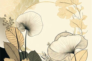 Fond d'art floral et botanique. Ton d'été avec feuilles tropicales, fleur de lotus, feuilles de ginkgo, vecteur de branche. Fond d'écran aquarelle et soleil circulaire