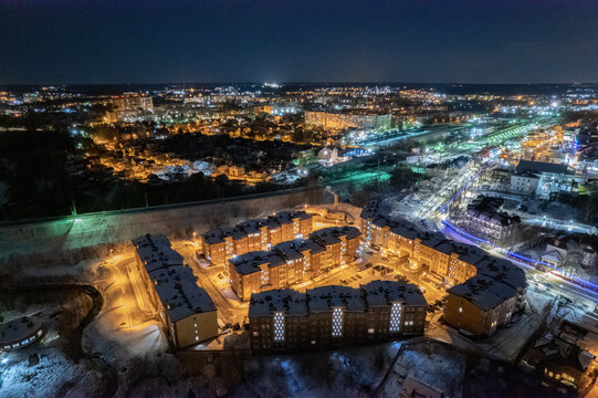 night festive city aerial view, street, lights