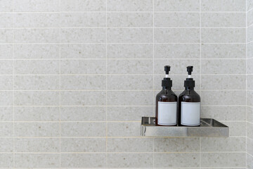 Mockup for bathing products in the modern bathroom, spa shampoo, shower gel, liquid soap