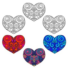 set of hearts. coloring heart with swirls and monograms valentine's day line drawing and picture in color
