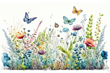 Bordure horizontale harmonieuse avec fleurs multicolores abstraites, feuilles et plantes vertes, papillons volants. Motif isolé à l'aquarelle sur fond blanc, prairie d'été illustration panoramique. - obrazy, fototapety, plakaty