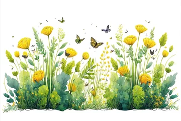 Foto op Plexiglas Bordure horizontale harmonieuse avec fleurs multicolores abstraites, feuilles et plantes vertes, papillons volants. Motif isolé à l'aquarelle sur fond blanc, prairie d'été illustration panoramique. © Merilno