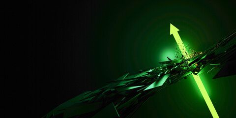 Disruptive green arrow going up and growing, original 3d rendering - 558595321