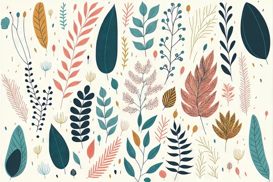 mod&egrave;le sans couture de vecteur avec des feuilles de couleur, fond floral avec des herbes de doodle, mod&egrave;le naturel avec des plantes, illustration vectorielle dessin&eacute;e &agrave; la main