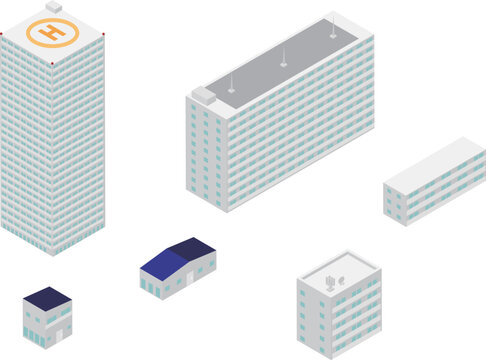 アイソメトリックな色々な住宅の建物のイラストセット