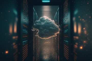 Futuristischer Korridor von Server, Super-Computer, Cloud-Computing mit Visualisierung von Datenströmen Internet Cloud	