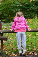 Little preschool girl in pink jacket looking away in park autumn 