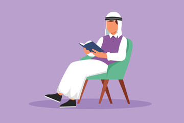 Graphic flat design drawing Arabian man reading book in chair. Side view of male student learning on armchair. Businessman spending spare time by reading literature. Cartoon style vector illustration