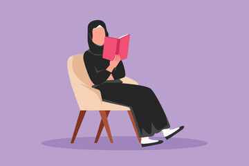 Fototapeta premium Cartoon flat style drawing smart Arab girl student sitting on chair, reading book in library or bookshop. Woman pupil studying. Female education, learning, lesson. Graphic design vector illustration