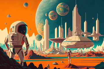 A space city with astronauts. Generative AI