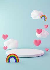 Podium with hearts, clouds, rainbows flying in the air. Valentine's Day. Podium for product, cosmetic presentation. Mock up. Pedestal, platform for beauty products. LGBT, love, diversity. 3D render.