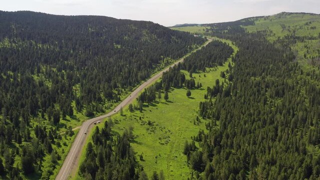 Aerial drone video of Chui tract or Chuya Highway near Seminsky mountain pass. Altai.