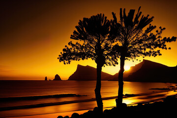 Canary Islands at silhouette with silhouetted palm trees. Generative AI