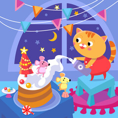Cute kitten making Christmas cake. Cartoon cat character in room. Funny animal scene for worksheets, cards, books. 