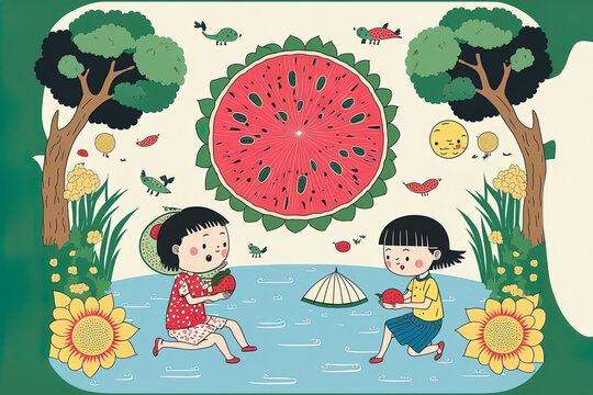 Hand drawn summer watermelon pond banner. Picture of children by the lotus pond eating watermelon while on summer vacation. Summer Solstice, the 10th solar period of the year, is translated into Chine