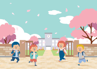 桜の木と学校に通う小学生のイラスト