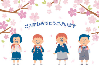 桜と新入生のイラスト