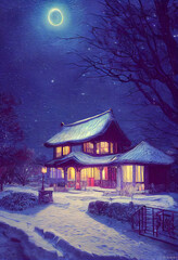outdoor Christmas scene with magic night sky. illustration of a Christmas house with snow, winter landscape.