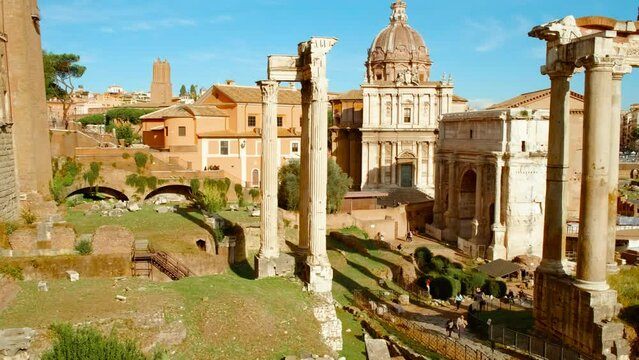 Stunning scene of the Foro Romano at sunset in Rome, Italy. Built in the 7th century BC, the forum was the center of Roman public life