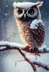 Fototapeta premium Tiny Cute Owl in the snow, illustration of cute owl in christmas landscape