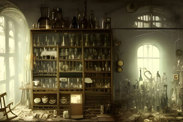 A strange and creepy cabinet of curiosities lab filled with lots of bottles and glass jars. Digital illustration. CG Artwork Background - obrazy, fototapety, plakaty