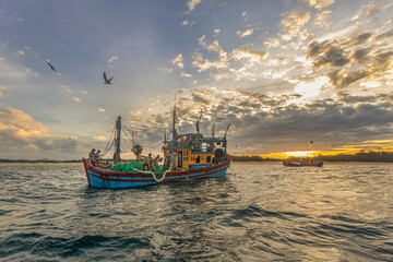 Ships and fishermen are fishing anchovies in Yen Island, Phu Yen, Vietnam