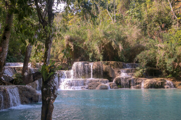 Beautiful Kuang Si Waterfall in Laos close to Luang Prabang. Asia travelling to the best nature places (wallpaper)