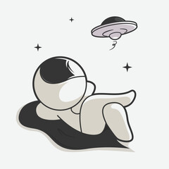 cute astronaut relaxing and looking at ufo art illustration