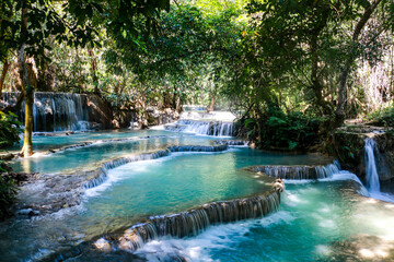 Beautiful Kuang Si Waterfall in Laos close to Luang Prabang. Asia travelling to the best nature places