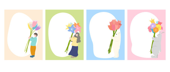 メッセージカード、グリーティングカードのデザイン, with bouquets of flower