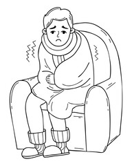 Frozen, sick guy, wrapped in blanket, sits in chair and trembles. Vector Outline illustration in doodle style. Male character concept of cold season, colds and treatment.