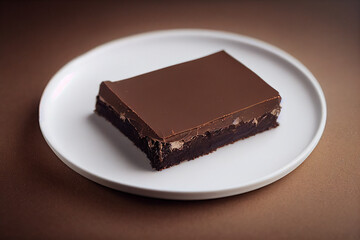 A piece of chocolate lies on a white plate with Generative AI