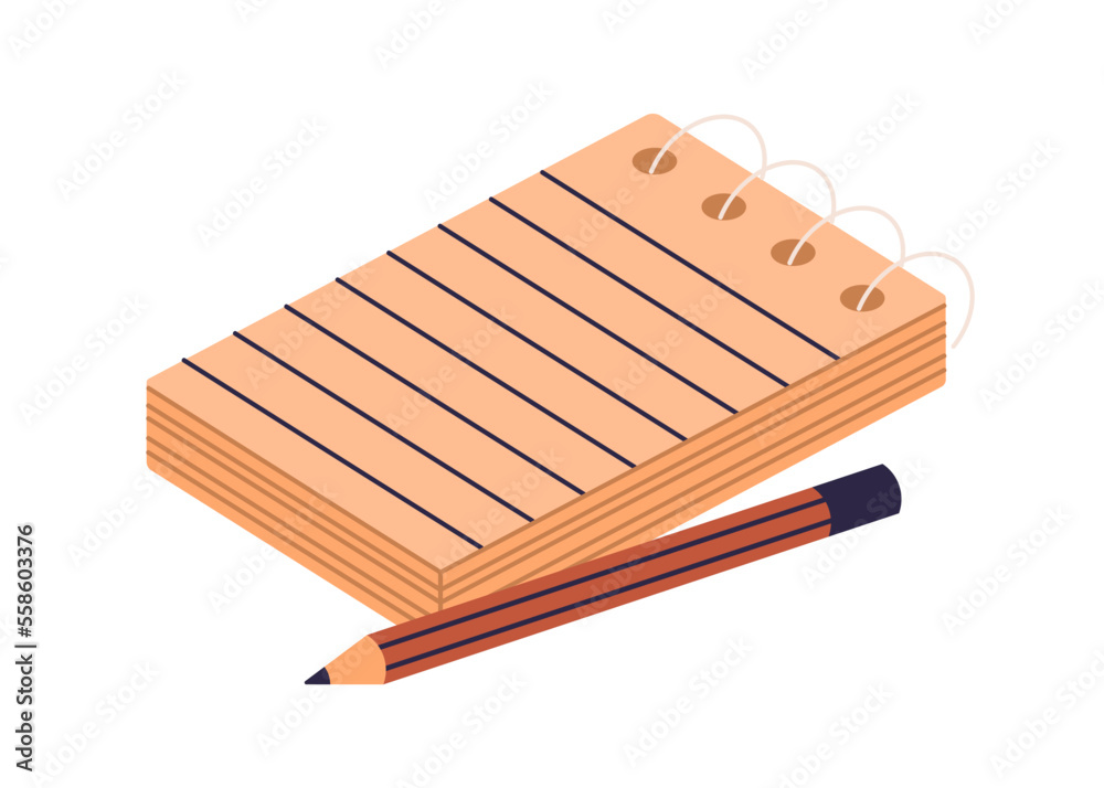Poster notepad and pencil. paper sheet of notebook for memo notes, plans and pen. blank lined diary, planne