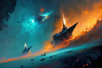 Obraz na płótnie Canvas Attack ships on fire off the shoulder of art created by an Orion neural network. Generative AI