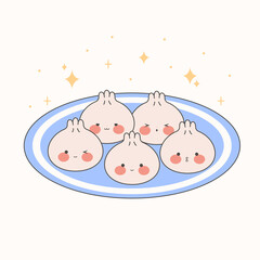 Cute dumplings in bamboo steamer. Kawaii dim sum. Asian Traditional Cuisine. Stock vector illustration in cartoon flat style