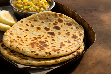 Aloo paratha, a traditional Indian dish, is a flatbread stuffed with potatoes. served with butter, ghee, or curd. selective attention Isolated against a sunny background. Generative AI