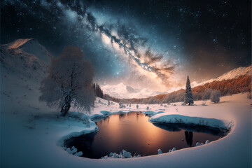 a beautiful winter night in the sky you can see the milky way. Generative AI