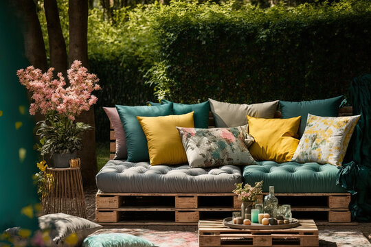 Summer patio or outdoor lounge area with adorable, comfortable pallet furniture and bright cushions. Generative AI