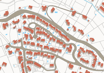 Urbanisme et territoire - rendu 3d plan cadastral avec limites de parcelles et bâtiments 3d